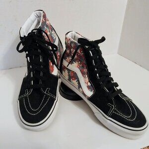 VANS OFF THE WALL BLACK SUEDE/FLOWER CANVAS HIGH TOPS M-7 W-8.5